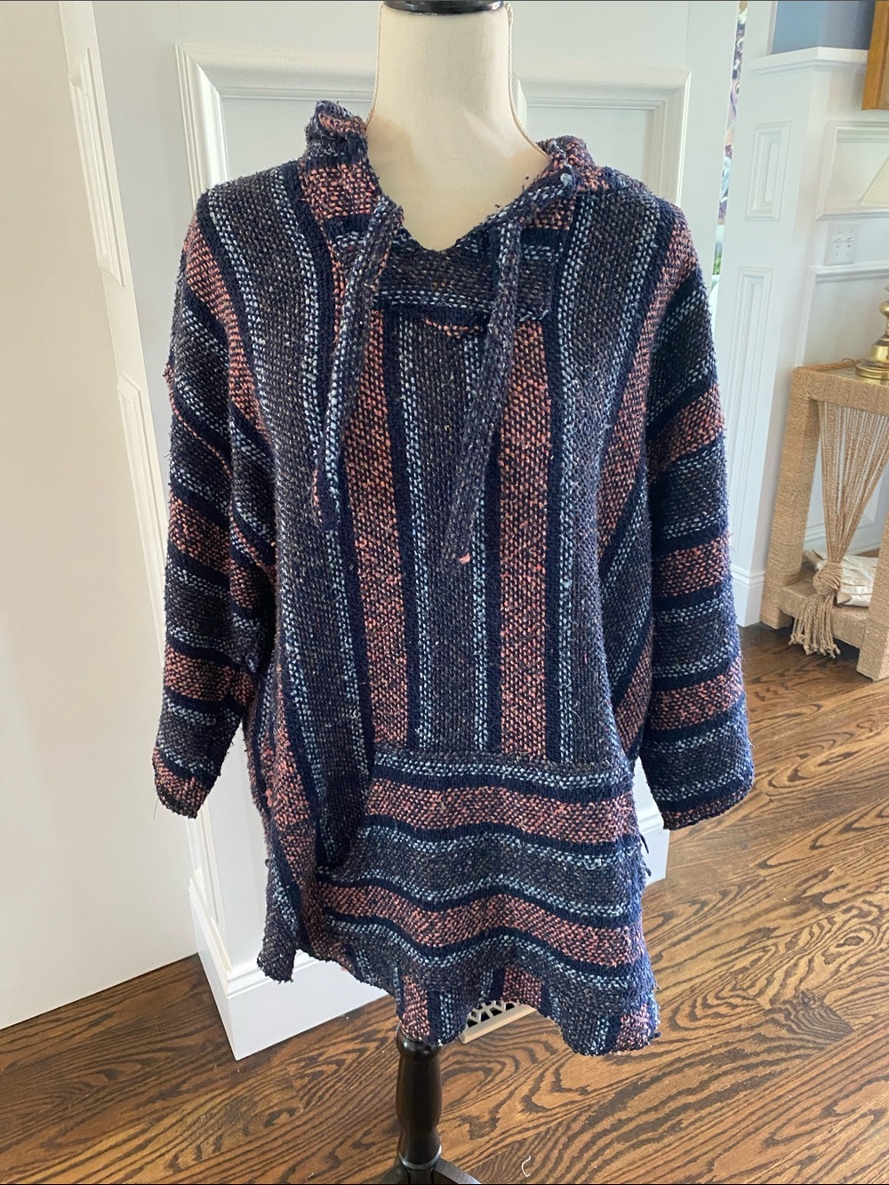Striped Knit Hoodie Jacket in Navy and Rose